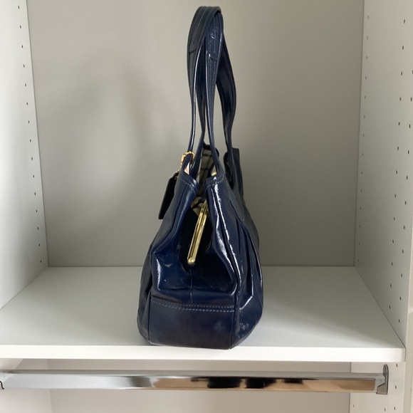 Coach Patent Navy Pleated Framed Satchel - Picture 2 of 10